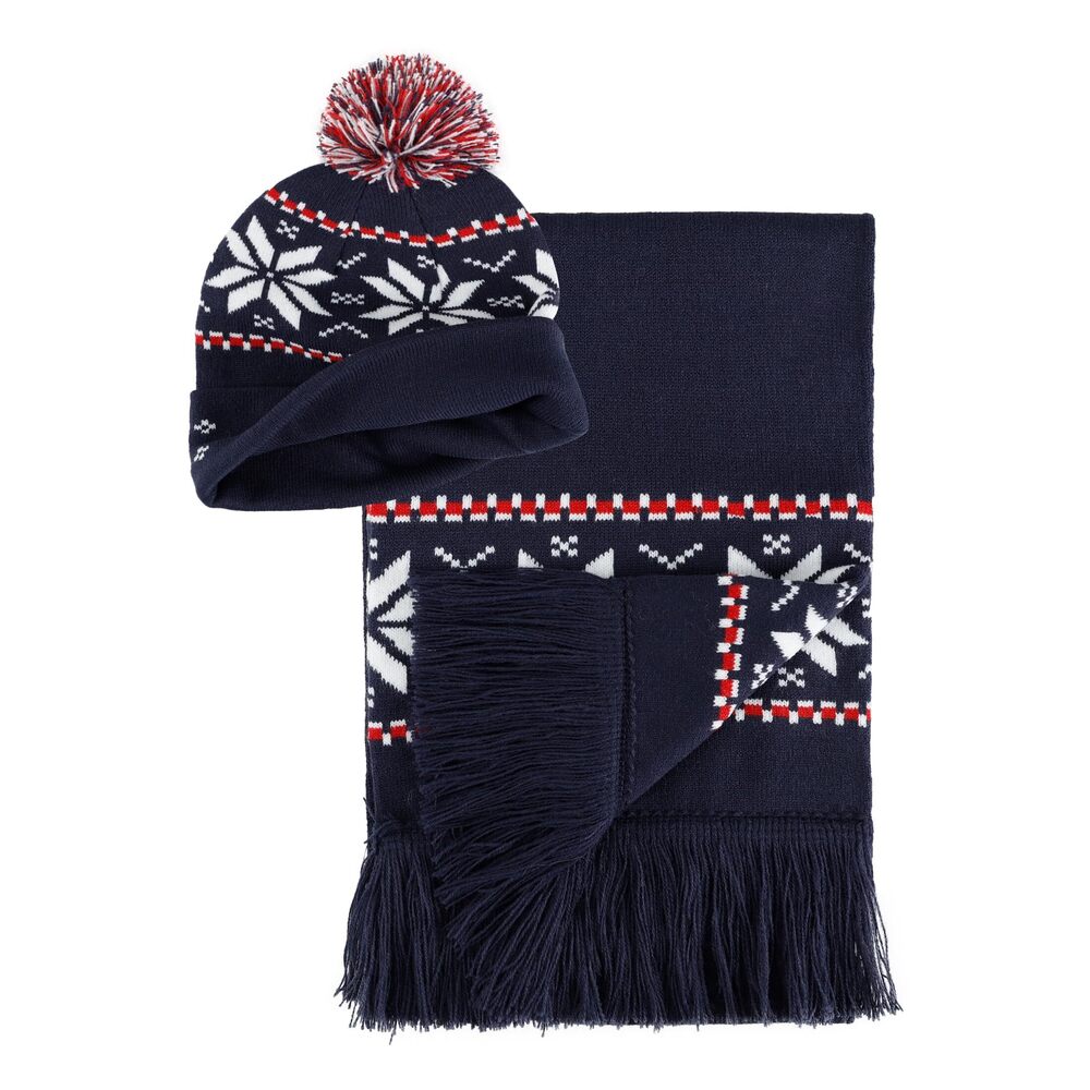 3272 Intarsia Beanie Plus Knit Scarf Navy